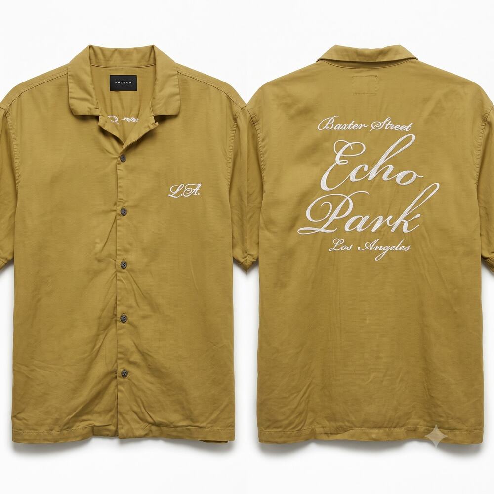 PacSun Mens M Streetwear Retro Minimalist LA Echo Park Chain Stitch Camp Shirt